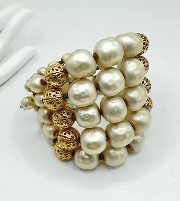 Miriam Haskell Faux Baroque Pearl Bracelet 5 Row Gold Filigree Memory Wire FLAW • $47.50