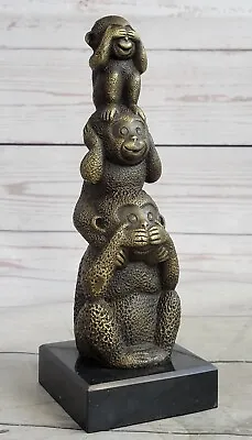 100% Real Bronze Three Wise Monkeys Statue Sculpture Marble Base Figurine Gift • $99.50