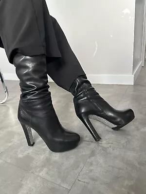 Vintage Womens MIU MIU Boots Heels Platform Shoes Black Leather Size 38 By PRADA • $350