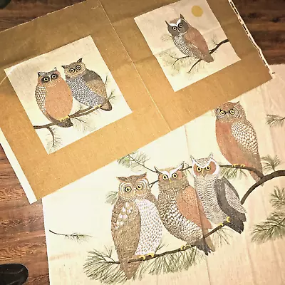 Cranston Pair Pillow Cushion Fronts & Wall Panel OWLS & Little OWLS Vtg 70s MINT • $22