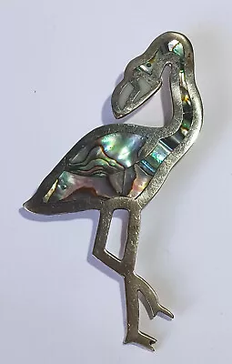 Vintage ALPACA MEXICO Silver Flamingo Brooch W/ Abalone 3.5  • $12.95