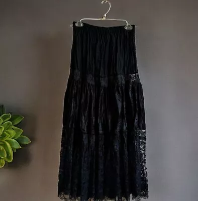Vtg 90’s Judy Knapp Blk Crushed Velvet Lace Prairie Boho Cottage Maxi Skirt USA • $49.99