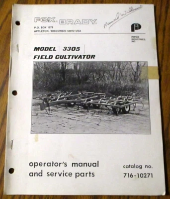 $19.99 • Buy Fox Brady 3305 Field Cultivator Operators & Parts Manual Koehring Farm Equipment
