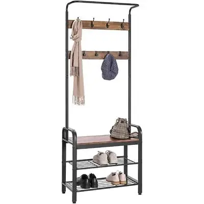 Industrial Coat Rack Hall Tree Entryway Shoe Bench Home Storage Shelf W/ 8 Hooks • $44.99