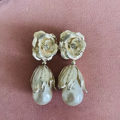 Vintage Kirks Folly Dangling Faux Pearl Silver Tone Clip Earrings • $49