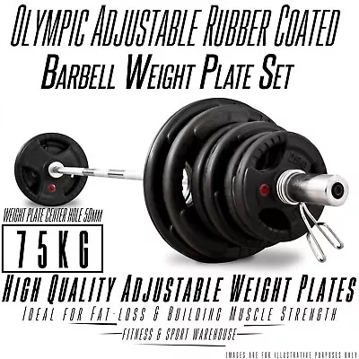 75KG Olympic Barbell Weights Set 7ft Olympic Bar Rubber Coat Iron Weight Plates • $435