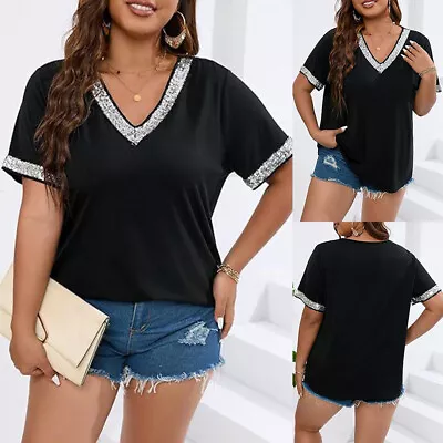 Womens Solid Sequin Short Sleeve T-Shirts Tee Ladies Casual Loose Blouse Tops • $20.79