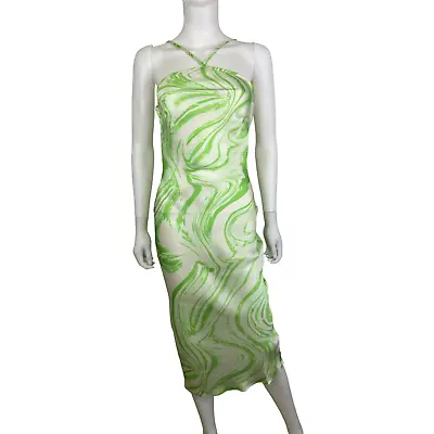 ASOS Luxe Women's Green Satin Marble-Print Halter Midi Dress Size 4 B52 • $9.99
