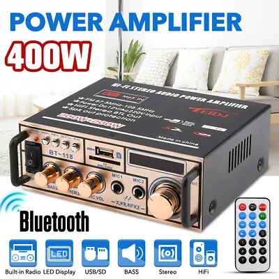 400W Digital Power Amplifier Bluetooth Stereo HiFi Audio 2Mic 2CH FM Car Home • £28.49