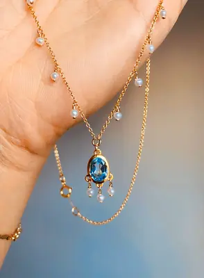 Art Swiss Blue Topaz & Seed Pearl Bead 14K Yellow Gold Over 18 Wedding Necklace • $144.99