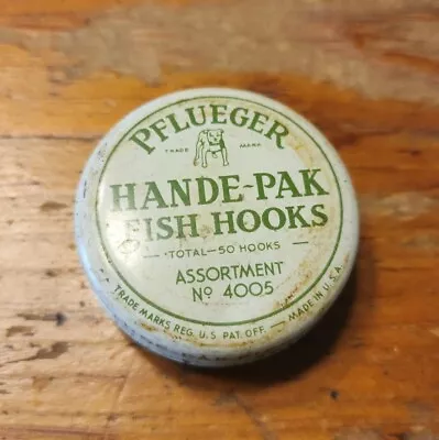 Pflueger Advertising Fishing Hook Tin Hande-Pak Hooks  No 4005  Can't Open - AA • $4