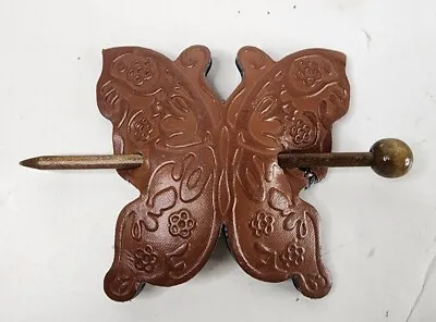 Vintage Hair Barrette Woman's Leather Tooled Butterfly WOOD Stick (READ) 3.5 X 3 • $8.99