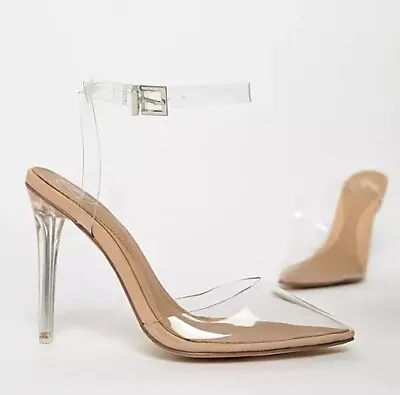 Missguided Women's Nude Clear Ankle Strap Court Shoes UK3 EU 36 • £16.99