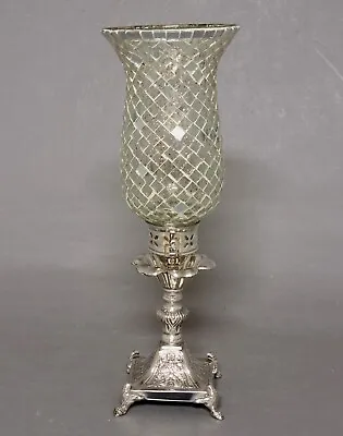 Silver Candle Holder & Mosaic Glass Shade Sq Chips 5 D X 11.5 Tall FREE SHIPPING • $22.50