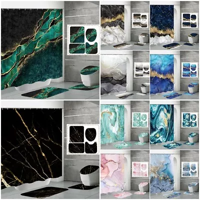 Marbling Printed Bathroom Set Shower Curtain Non-Slip Bath Mat Toilet Lid Cover • $21.88