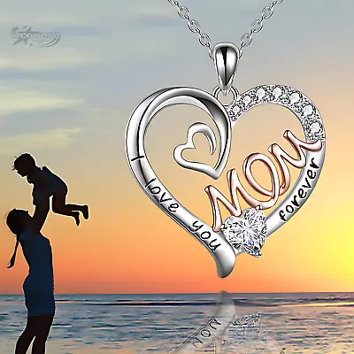 Silver I Love You Mom Heart Pendant Necklace Mothers Day Gift Wife Womens • $14.81