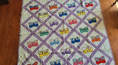 Vintage Quilt-78x78-from The 1950's --hand Stiched-beautful Butterfly Pattern • $99.99