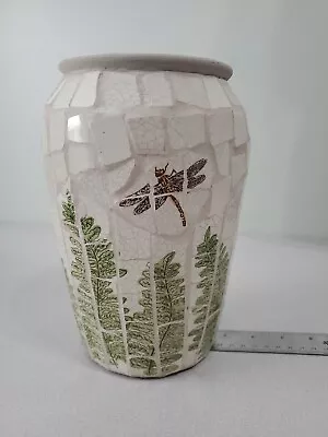 Mosaic Tiled Vase Lush Green Ferns And Brown Dragonflies  • $24