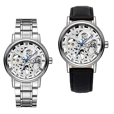 Men's Stainless Steel/Leather Band Skeleton Mechanical Transparent Wrist Watch F • $19.94