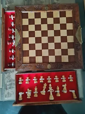 Vintage Chess Board Game Set Hand Carved Folding Brass Handles Mahogany Brown • $118.38