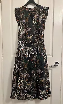 Oliver Bonas Safari Frill Sleeve Wrap Black Midi Dress New Size UK 18 • £35