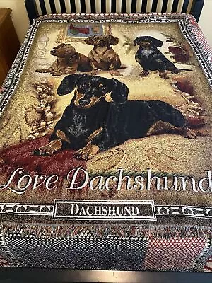 The Danbury Mint Tapestry Throw Blanket I Love Dachshunds Dog Fringe ~ 53” X 71” • $34.95