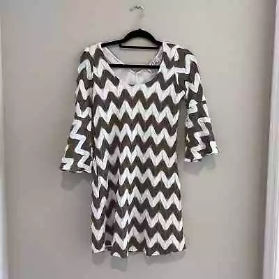 VaVa By Joy Han Mini Dress Chevron Print Bell Sleeve Crewneck Brown White XS • $19