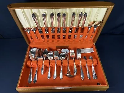 VINTAGE HOLMES & EDWARDS INLAID I.S. 1920s - 64 Pc Silverware Set W BOX - ORANGE • $50