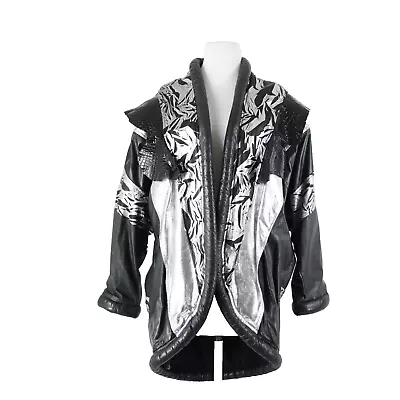 Opulent Sz L? Black Silver Metallic Pockets 100% Leather Lined Vintage Jacket • $254.99