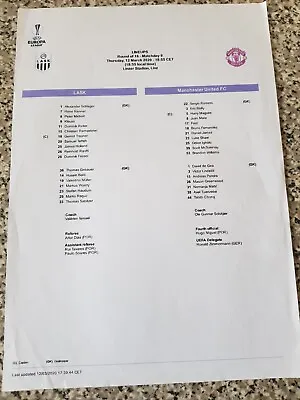 TEAMSHEET EUROPA LEAGUE LASK V MAN UTD 12 Mar 2020 • £1.29