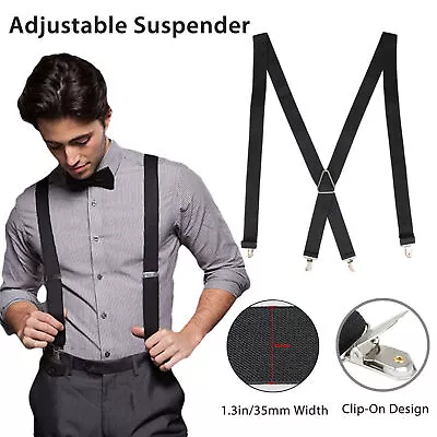 Mens Black X-Back Clip-on Suspenders Adjustable Elastic Retro Formal Braces Tux • $10.48