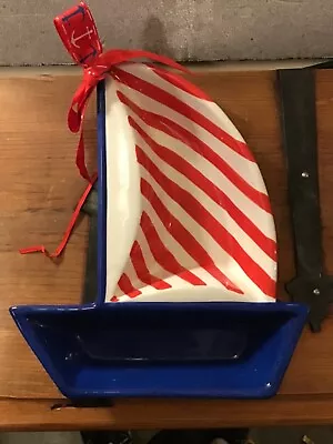 Mud Pie Sailboat Red White And Blue Beautiful Divided Dish 8 X10  Very Nice • $15.75