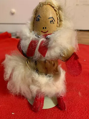 *VINTAGE* Eskimo Inuit Alaska Native Doll 7.5  & Stand - Leather Seal Skin Fur • $29.95