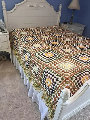 Vintage Crochet Bedspread ~88”x88” With 5” Fringe Fall Tones Granny Cottage • $69.99