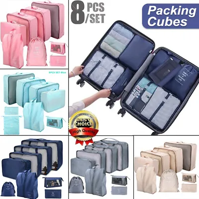 $22.59 • Buy 8PCS Travel Packing Cubes Pouches Luggage Organiser Clothes Suitcase Storage Bag