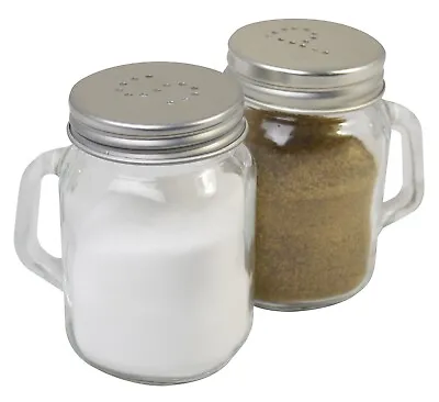 Salt Pepper Shakers Set Of 2 Glass Mason Jar Cruets Condiments Cafe Restaurant • £5.95