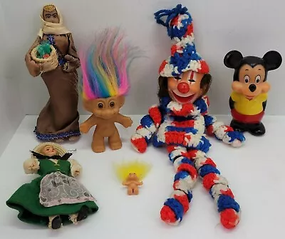 Vintage Mixed Estate Doll Lot Mickey Mouse Troll Clown Woman Handmade Retro Rare • $13.49