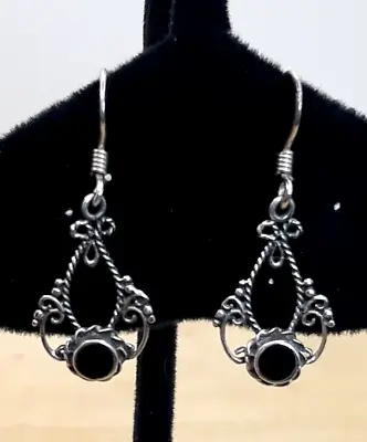 Vintage Bali Design Onyx / Sterling Silver Petite Ornate Dangle Earrings 1.25  • $14.99