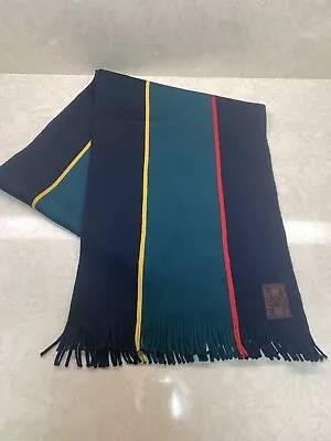 Vintage Nordstrom 100% Wool Black Green Red Yellow Striped Fringed Scarf 61”x12” • $15.99