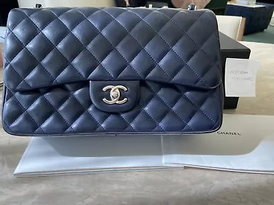 Chanel Jumbo Navy Lambskin Classic Flap With Silver Hardware (2014) • £4499