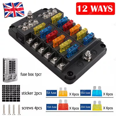 UK Blade Fuse Box 12 Way Distribution Bar Bus Boat Car Kit Marine Holder 12V/32V • £11.29