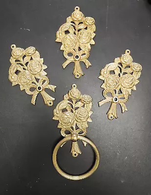 Vintage Brass Ring Roses Flower Bow Bathroom Kitchen Towel Holder Curtain Set 4 • $79