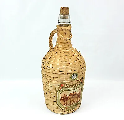 Vintage Pombal Clear Glass Wine Bottle Basket Straw Covered W Stopper 1970s 12  • $19.95