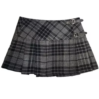 Viper London Mini Kilt Skirt 33cm Grey Granite Tartan Wraparound Leather Straps • $18.61