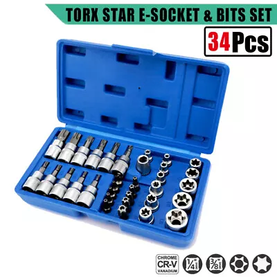 34PC Torque Torx Star Sockets Bit Set Male Female E-torx Bits 3/8 1/4'' Handheld • $22.29