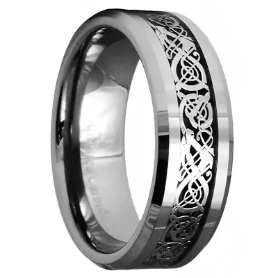 Two-Tone Black & Silver Celtic Dragon Tungsten Carbide Ring Wedding Size 7 -15 • $9.99
