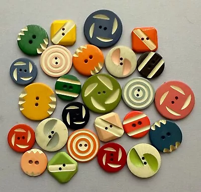 25 Vintage Buttons - Unique Fun & Colorful W/Carved Designs - No Duplicates • $18.50