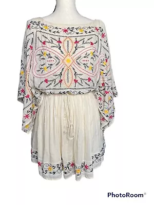 Free People Embroidered Dress Frida Print Boho Hippie Drape Sleeve In Ivory XS  • $90