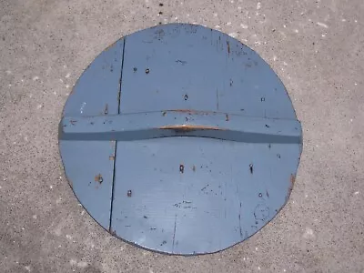 VINTAGE ANTIQUE WOOD BARREL LID TOP COVER W/ HANDLE 15  BLUE PAINT PRIMITIVE • $39.99