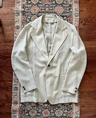 1970s  70s Does 30s  Cream Silk Linen Belt Back Sport Coat 42R - Unbranded • $300